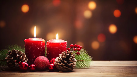 Christmas background - First Advent Sunday - Red Advent candle with natural Xmas decoration, branches and pine cones on rustic wood with magic lights , copy spaceの素材
