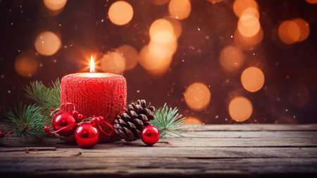 Christmas background - First Advent Sunday - Red Advent candle with natural Xmas decoration, branches and pine cones on rustic wood with magic lights , copy spaceの素材