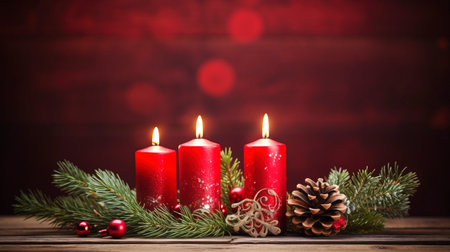 Christmas background - First Advent Sunday - Red Advent candle with natural Xmas decoration, branches and pine cones on rustic wood with magic lights , copy spaceの素材