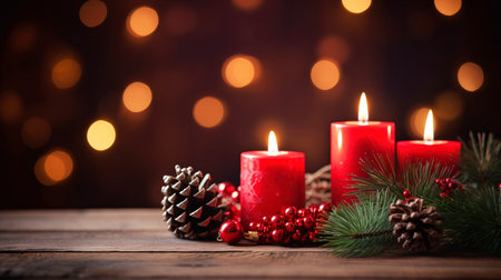 Christmas background - First Advent Sunday - Red Advent candle with natural Xmas decoration, branches and pine cones on rustic wood with magic lights , copy spaceの素材