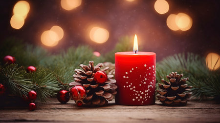 Christmas background - First Advent Sunday - Red Advent candle with natural Xmas decoration, branches and pine cones on rustic wood with magic lights , copy spaceの素材