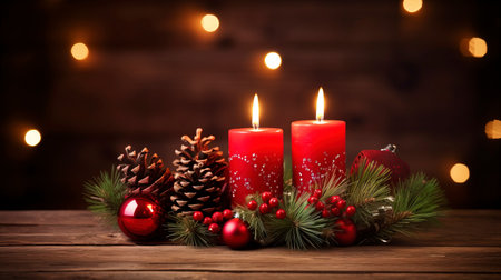 Christmas background - First Advent Sunday - Red Advent candle with natural Xmas decoration, branches and pine cones on rustic wood with magic lights , copy spaceの素材