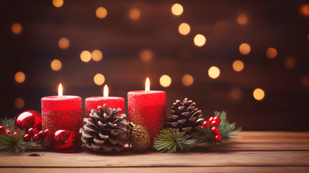Christmas background - First Advent Sunday - Red Advent candle with natural Xmas decoration, branches and pine cones on rustic wood with magic lights , copy spaceの素材