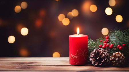 Christmas background - First Advent Sunday - Red Advent candle with natural Xmas decoration, branches and pine cones on rustic wood with magic lights , copy spaceの素材