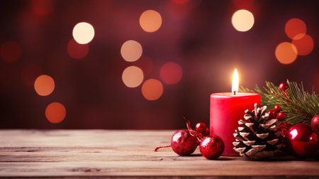 Christmas background - First Advent Sunday - Red Advent candle with natural Xmas decoration, branches and pine cones on rustic wood with magic lights , copy spaceの素材