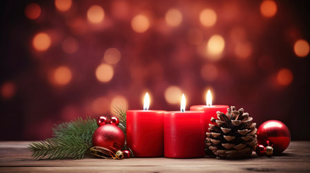 Christmas background - First Advent Sunday - Red Advent candle with natural Xmas decoration, branches and pine cones on rustic wood with magic lights , copy spaceの素材