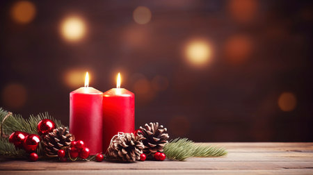 Christmas background - First Advent Sunday - Red Advent candle with natural Xmas decoration, branches and pine cones on rustic wood with magic lights , copy spaceの素材