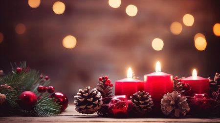 Christmas background - First Advent Sunday - Red Advent candle with natural Xmas decoration, branches and pine cones on rustic wood with magic lights , copy spaceの素材