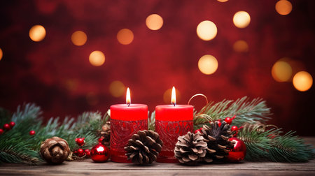 Christmas background - First Advent Sunday - Red Advent candle with natural Xmas decoration, branches and pine cones on rustic wood with magic lights , copy spaceの素材