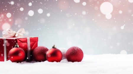 Panoramic image of gift box and red christmas balls on snow, copy spaceの素材
