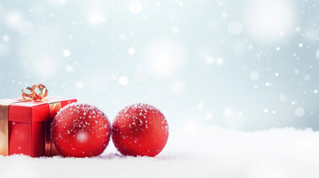 Panoramic image of gift box and red christmas balls on snow, copy spaceの素材