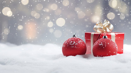 Panoramic image of gift box and red christmas balls on snow, copy spaceの素材