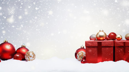 Panoramic image of gift box and red christmas balls on snow, copy spaceの素材