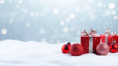 Panoramic image of gift box and red christmas balls on snow, copy spaceの素材