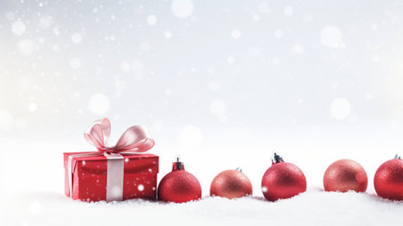 Panoramic image of gift box and red christmas balls on snow, copy spaceの素材