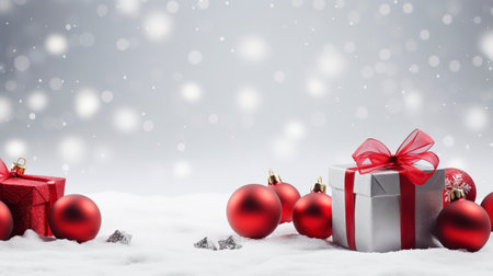 Panoramic image of gift box and red christmas balls on snow, copy spaceの素材