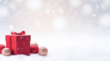 Panoramic image of gift box and red christmas balls on snow, copy spaceの素材