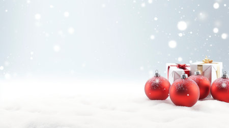 Panoramic image of gift box and red christmas balls on snow, copy spaceの素材