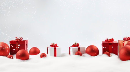 Panoramic image of gift box and red christmas balls on snow, copy spaceの素材