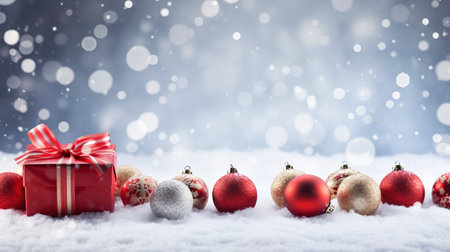 Panoramic image of gift box and red christmas balls on snow, copy spaceの素材