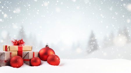 Panoramic image of gift box and red christmas balls on snow, copy spaceの素材