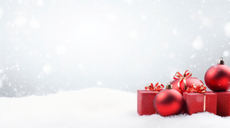 Panoramic image of gift box and red christmas balls on snow, copy spaceの素材