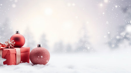 Panoramic image of gift box and red christmas balls on snow, copy spaceの素材