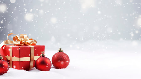 Panoramic image of gift box and red christmas balls on snow, copy spaceの素材