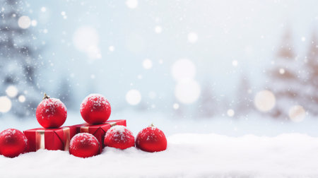 Panoramic image of gift box and red christmas balls on snow, copy spaceの素材