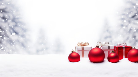 Panoramic image of gift box and red christmas balls on snow, copy spaceの素材