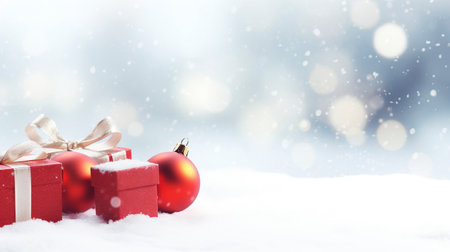 Panoramic image of gift box and red christmas balls on snow, copy spaceの素材