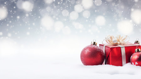 Panoramic image of gift box and red christmas balls on snow, copy spaceの素材
