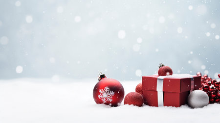 Panoramic image of gift box and red christmas balls on snow, copy spaceの素材