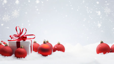 Panoramic image of gift box and red christmas balls on snow, copy spaceの素材
