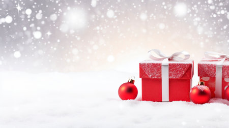 Panoramic image of gift box and red christmas balls on snow, copy spaceの素材