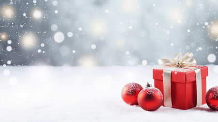 Panoramic image of gift box and red christmas balls on snow, copy spaceの素材
