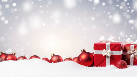 Panoramic image of gift box and red christmas balls on snow, copy spaceの素材