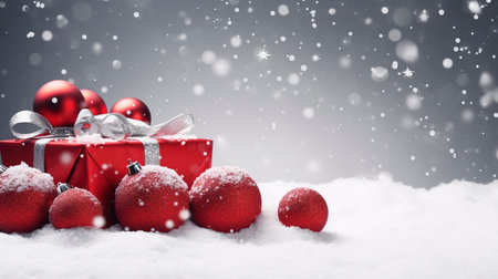 Panoramic image of gift box and red christmas balls on snow, copy spaceの素材