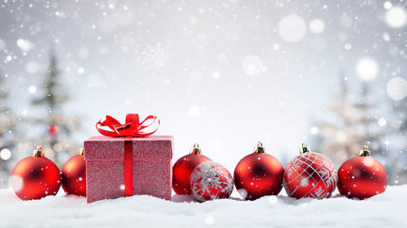 Panoramic image of gift box and red christmas balls on snow, copy spaceの素材