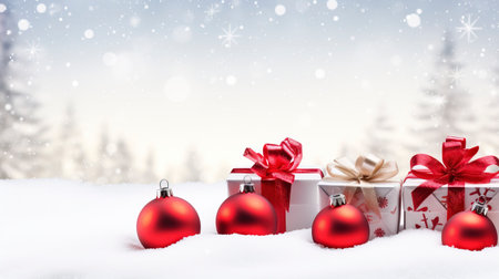 Panoramic image of gift box and red christmas balls on snow, copy spaceの素材