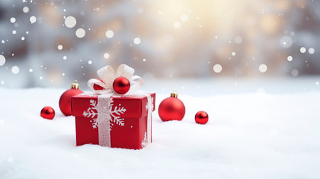 Panoramic image of gift box and red christmas balls on snow, copy spaceの素材