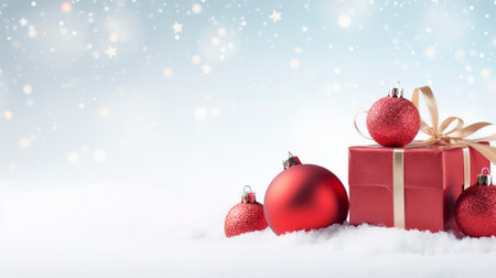 Panoramic image of gift box and red christmas balls on snow, copy spaceの素材