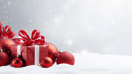 Panoramic image of gift box and red christmas balls on snow, copy spaceの素材