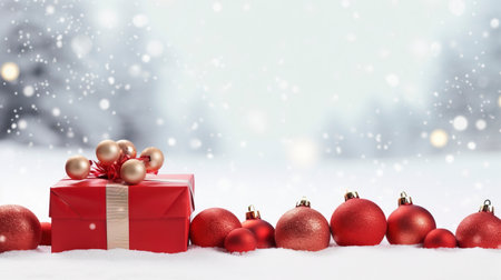 Panoramic image of gift box and red christmas balls on snow, copy spaceの素材