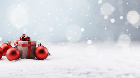 Panoramic image of gift box and red christmas balls on snow, copy spaceの素材