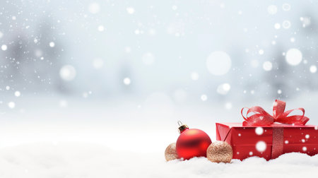 Panoramic image of gift box and red christmas balls on snow, copy spaceの素材