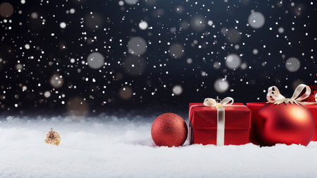 Panoramic image of gift box and red christmas balls on snow, copy spaceの素材