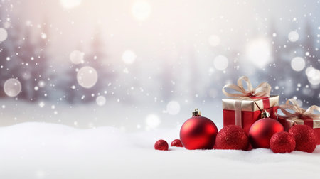 Panoramic image of gift box and red christmas balls on snow, copy spaceの素材