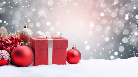 Panoramic image of gift box and red christmas balls on snow, copy spaceの素材