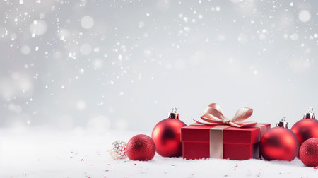 Panoramic image of gift box and red christmas balls on snow, copy spaceの素材
